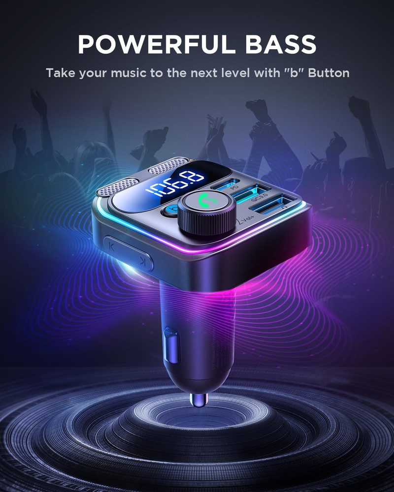 JOYROOM Bluetooth 5.3 FM Transmitter Car Adapter [Stronger Dual Mics & Hifi Deep