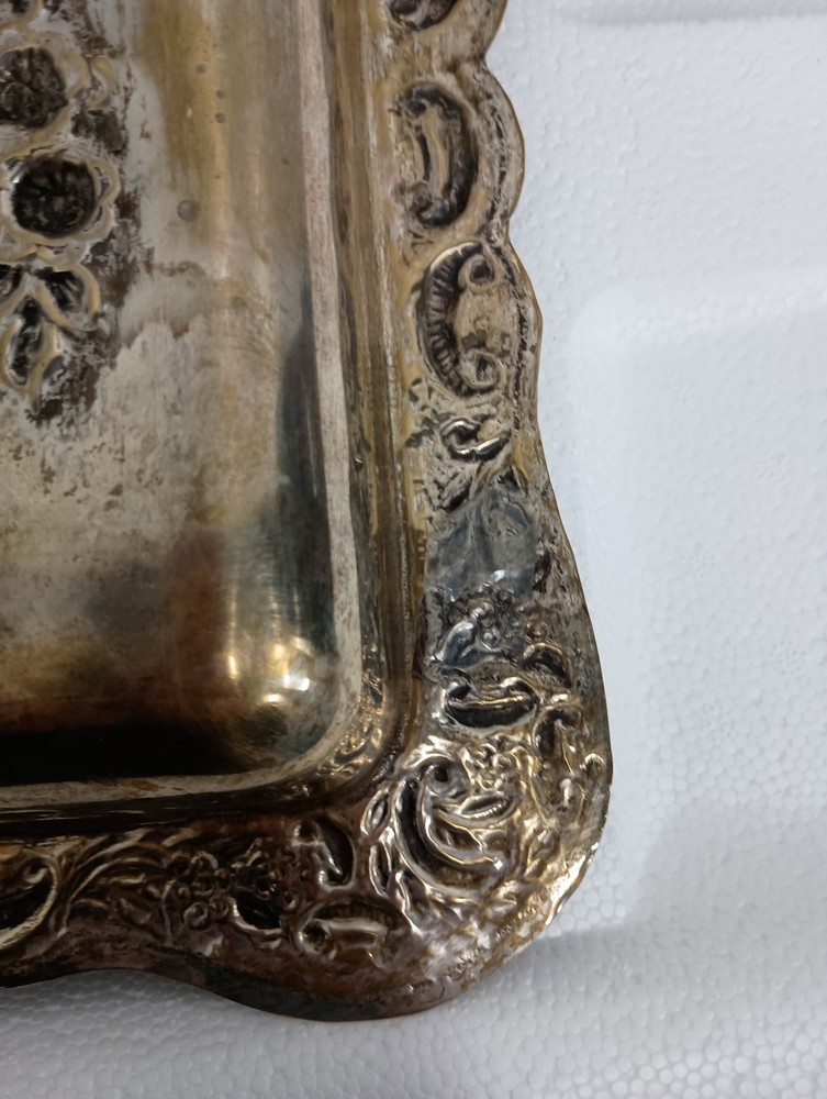 Antique Late 19th Century Silverplate Patina Rectangular Tray Raised Design