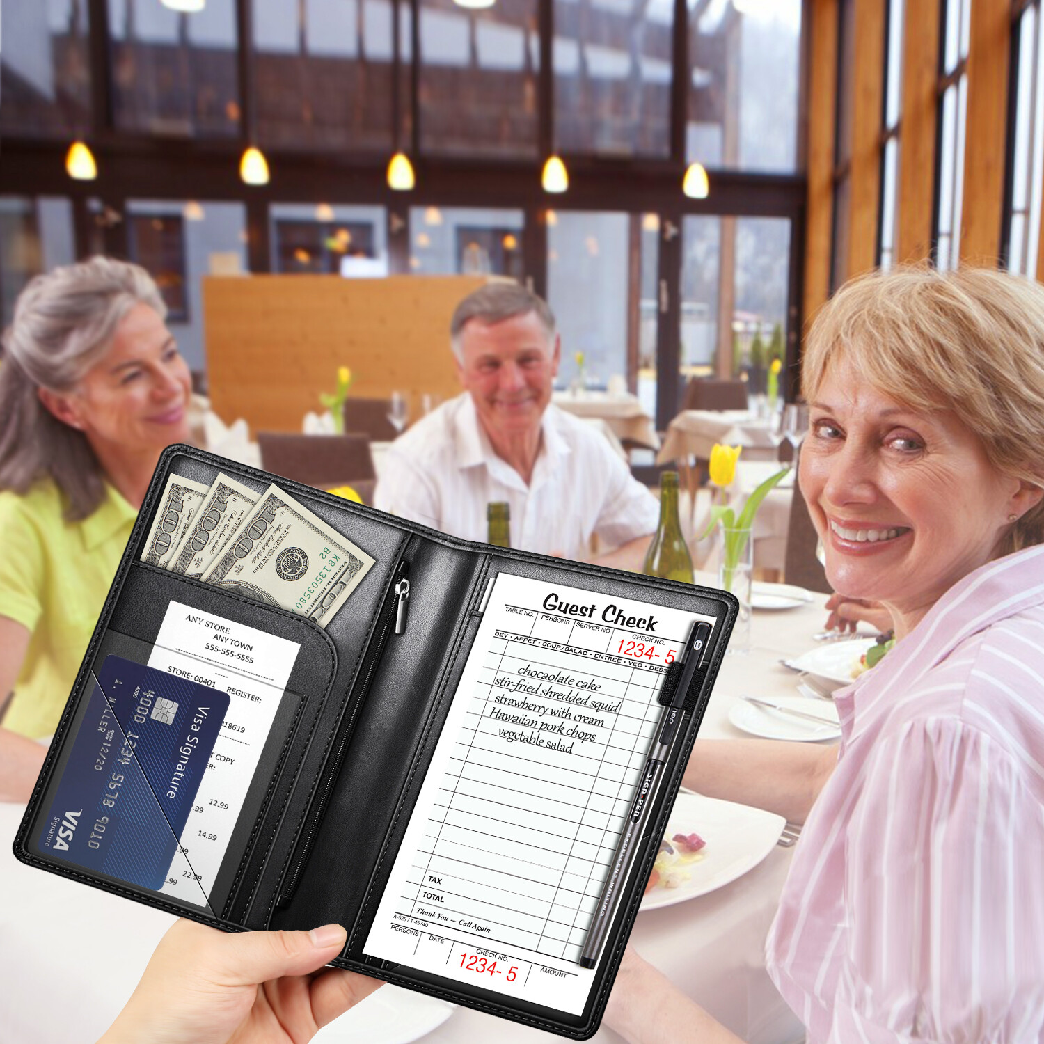 Server Book Organizer Zipper Pocket for Waitress Waiter Bartender Card Holder