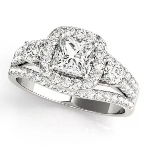 Solid 14K White Gold Moissanite Bridal Set Engagement Ring 2.50 CT Princess Cut