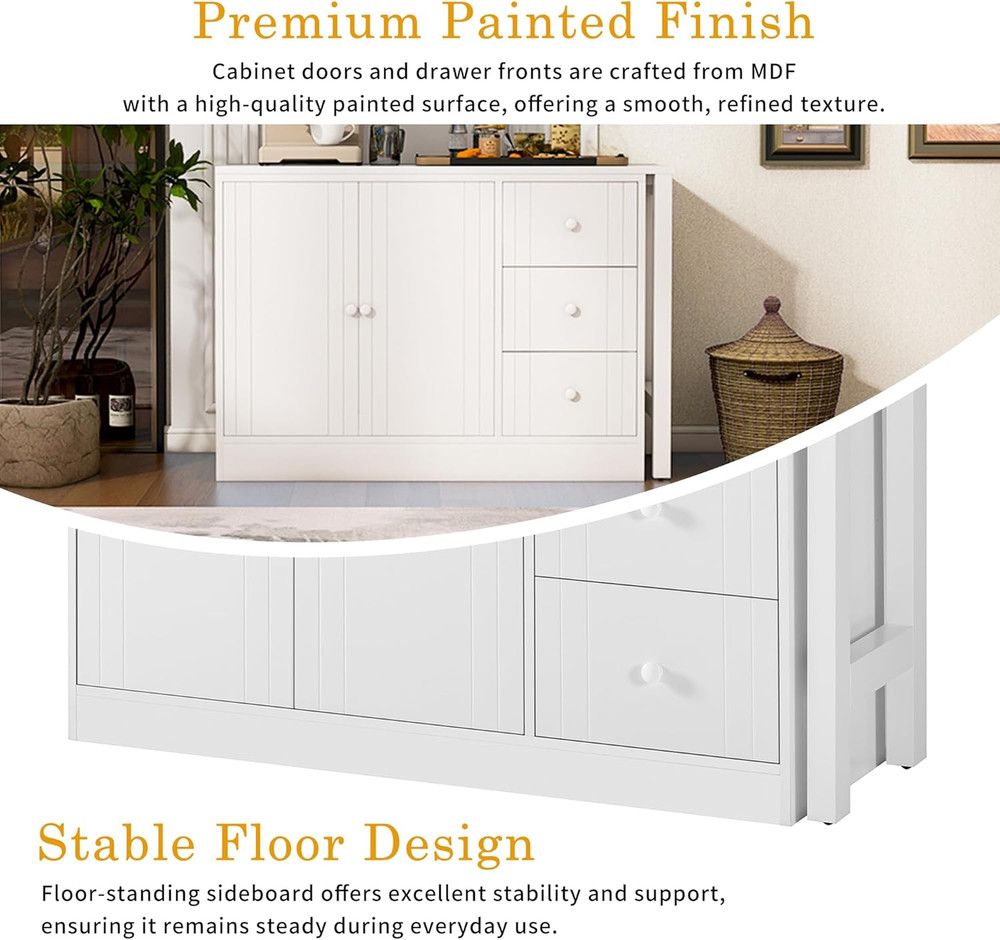 Rustic White Buffet Sideboard with Extendable Table & Adjustable Shelves