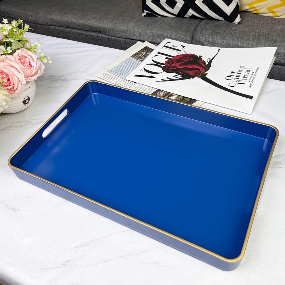 Navy Blue Serving Tray with Handles, Rectangular Decorative Tray for Coffee T...