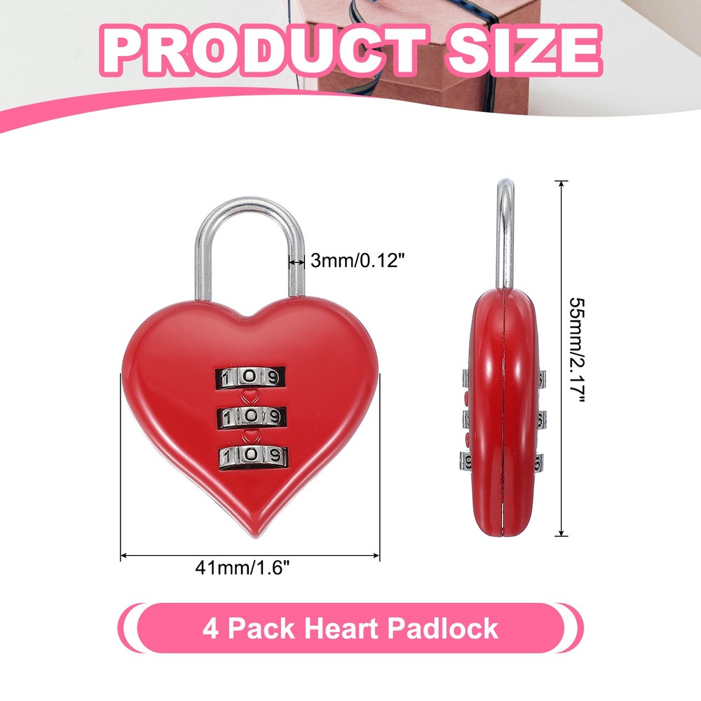 4 Pack Combination Locks Heart Shape Password Padlock Love Locker Lock Red