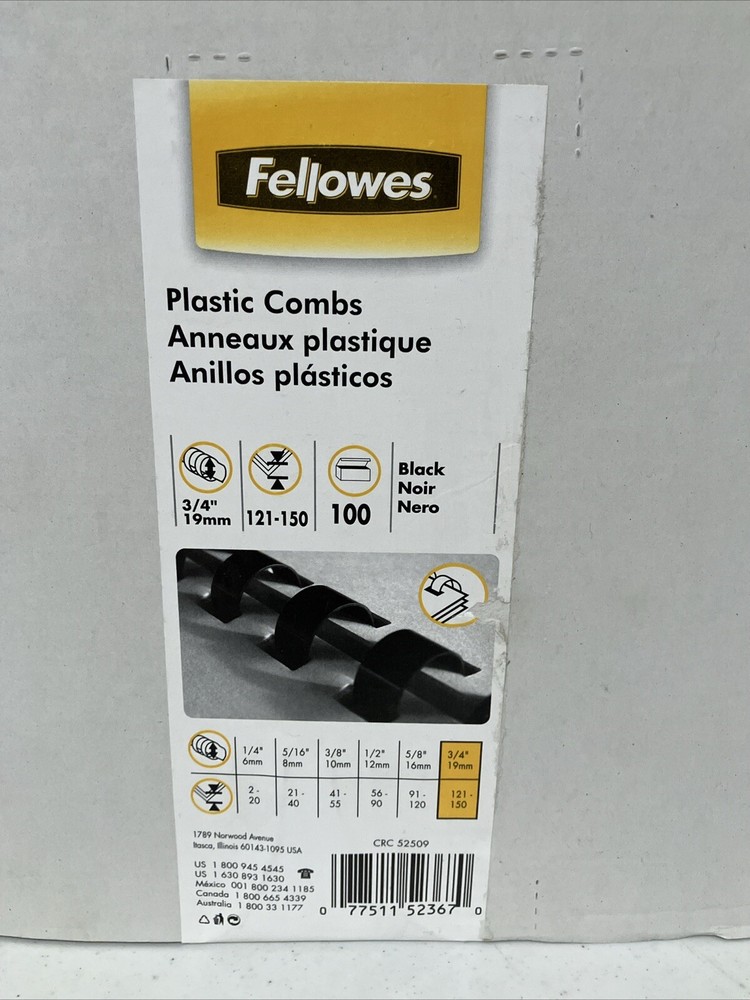 Fellowes Plastic Comb Bindings 3/4" Diameter 150 Sheet Capacity Black 100