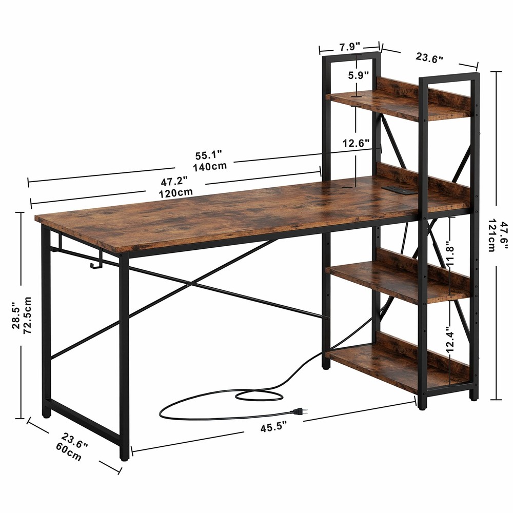 IRONCK 55" Computer Desk w/ Power Outlet & Storage Shelves, Study Writing Table