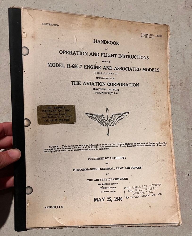 Handbook Model R-680-7 Engine Operation & Flight Instructions AAF 1940 WWII