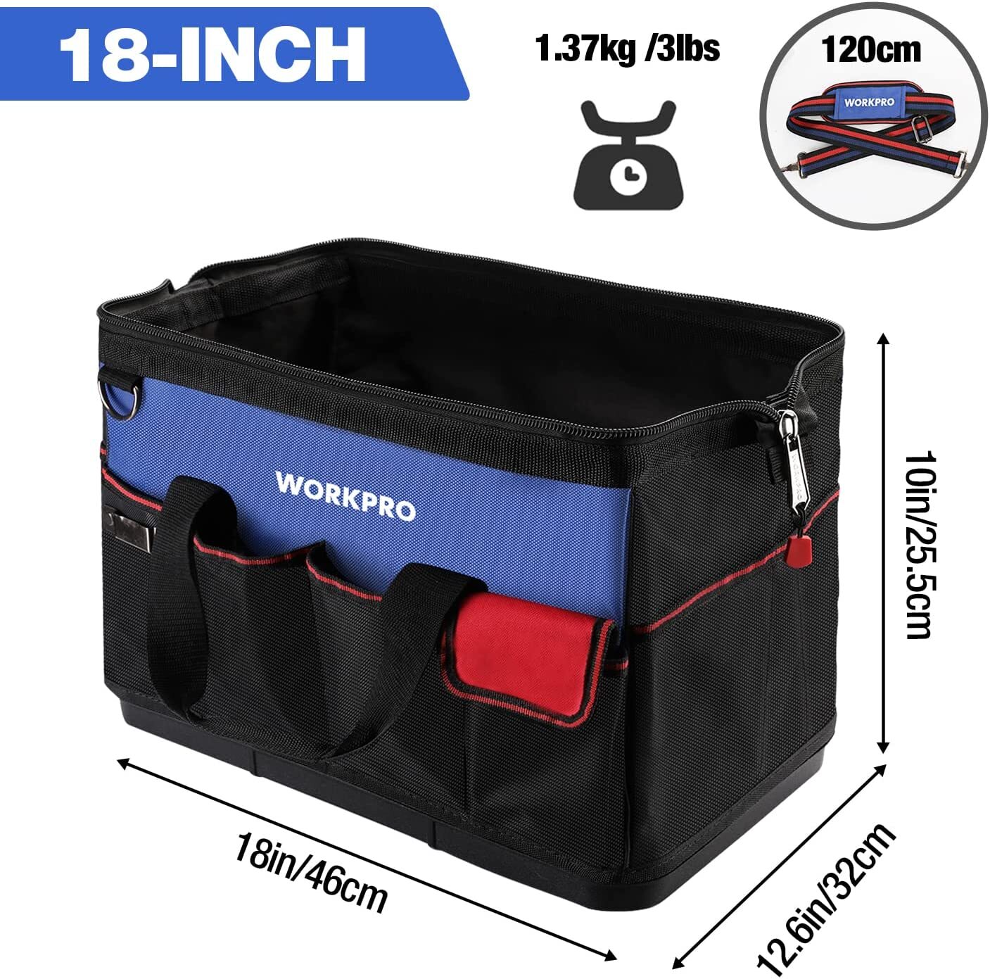 WORKPRO 18"Tool Bag Tool Tote Waterproof with Base and Adjustable Shoulder Strap