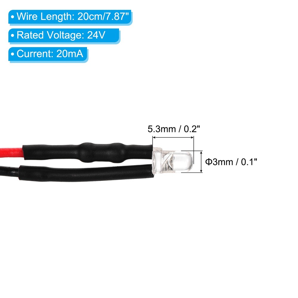 3mm LED Diode Light, 20 Pcs 24V DC, Orange Light