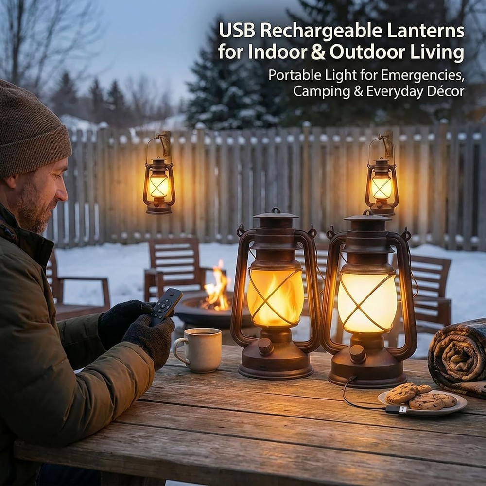 2 Pack LED Rechargeable Camping Lanterns Waterproof Flickering Flame Remote