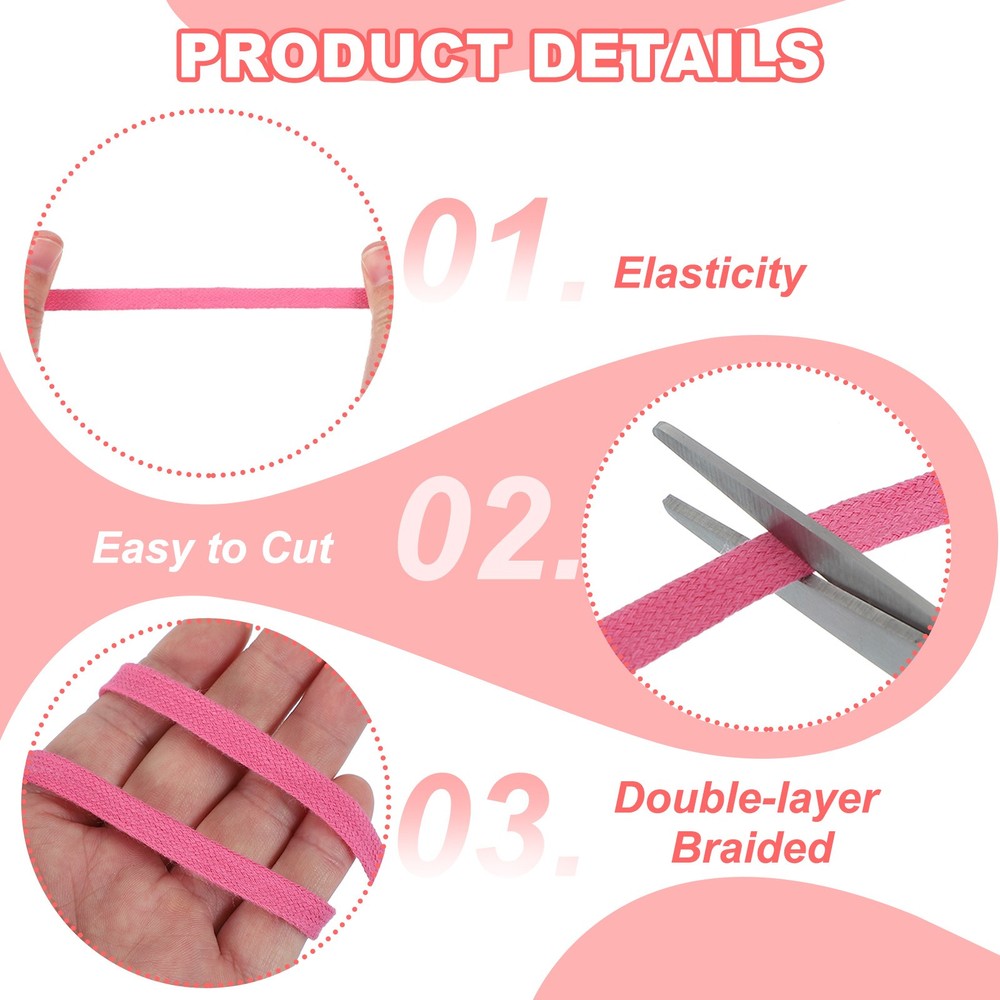 Flat Drawstring Cord 10mm x 27 Yd, Replacement Flat Rope with Ruler Dark Pink