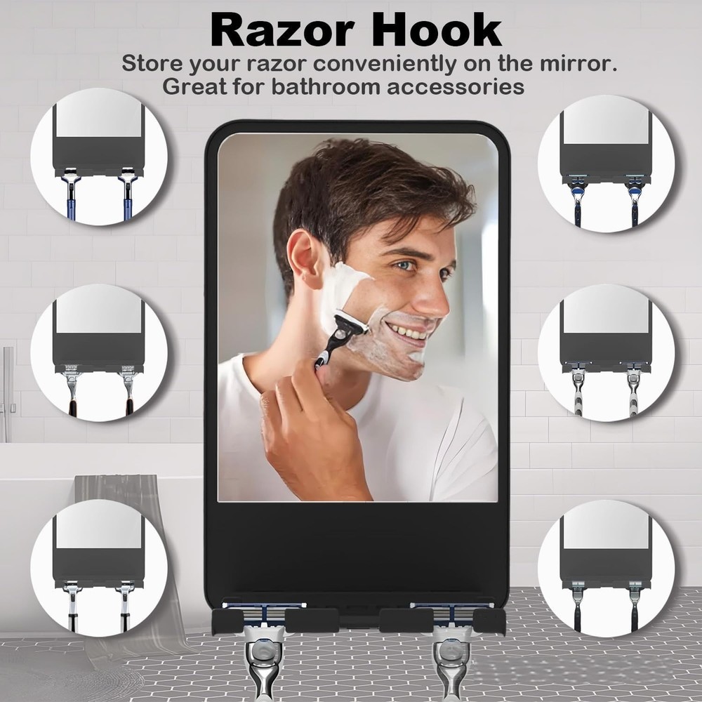 Fogless Shower Mirror for Shaving with Storage Adjustable Angle Wall Mount Black