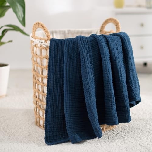 100% Cotton Muslin Throw Blanket 90" X 90" Size，4-Layers Queen Navy Blue