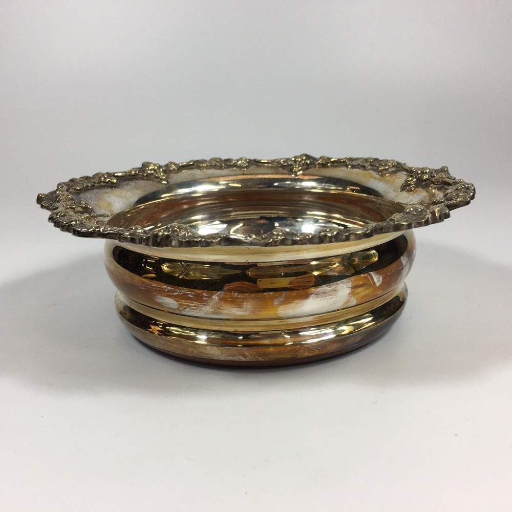 Antique Silver Plated Bottle Coaster Grape & Vine Edge Decoration