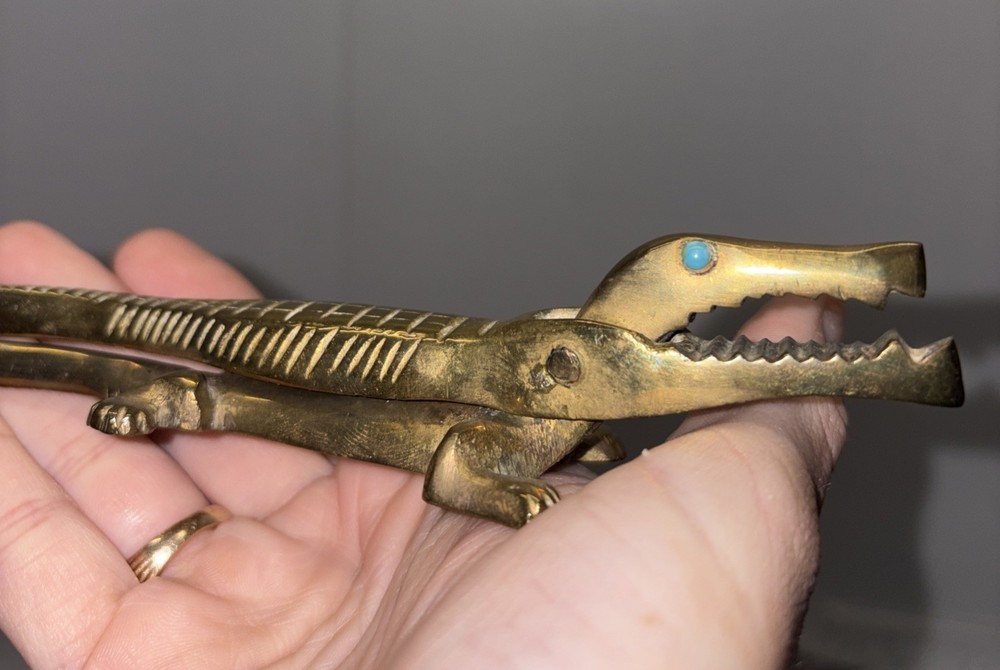Brass Alligator Crocodile Reptile Nutcracker Nut Cracker W/Turquoise Eye 7”
