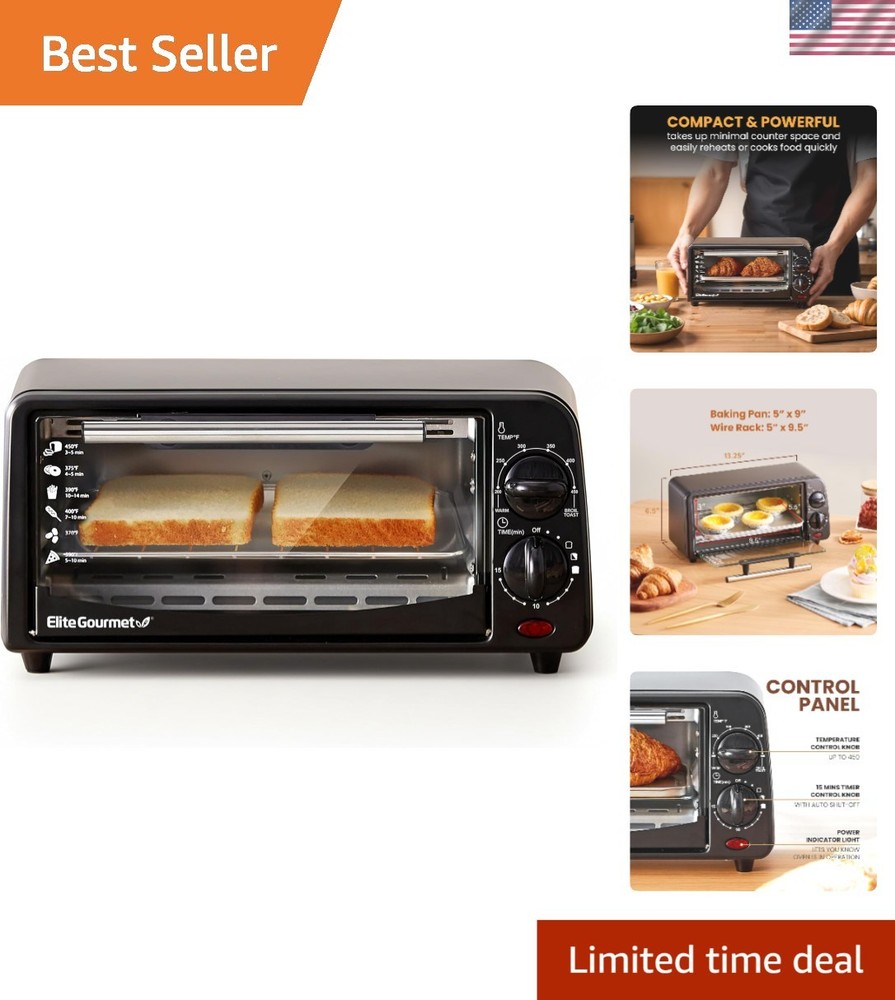 Compact 2-Slice Toaster Oven with Timer & Adjustable Temp - Elegant Black Finish