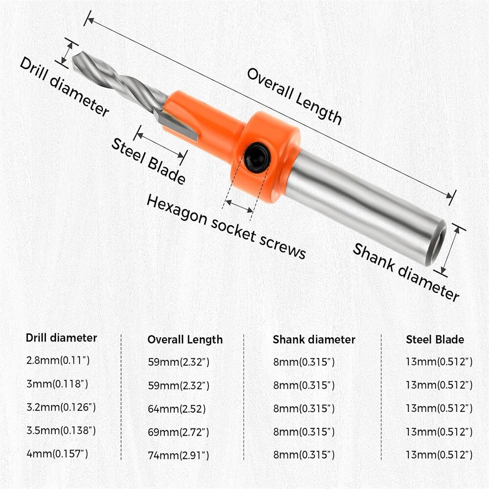 5 x Adjustable Countersink Drill Bits Set For Home Repairs Craftsmanship DIY