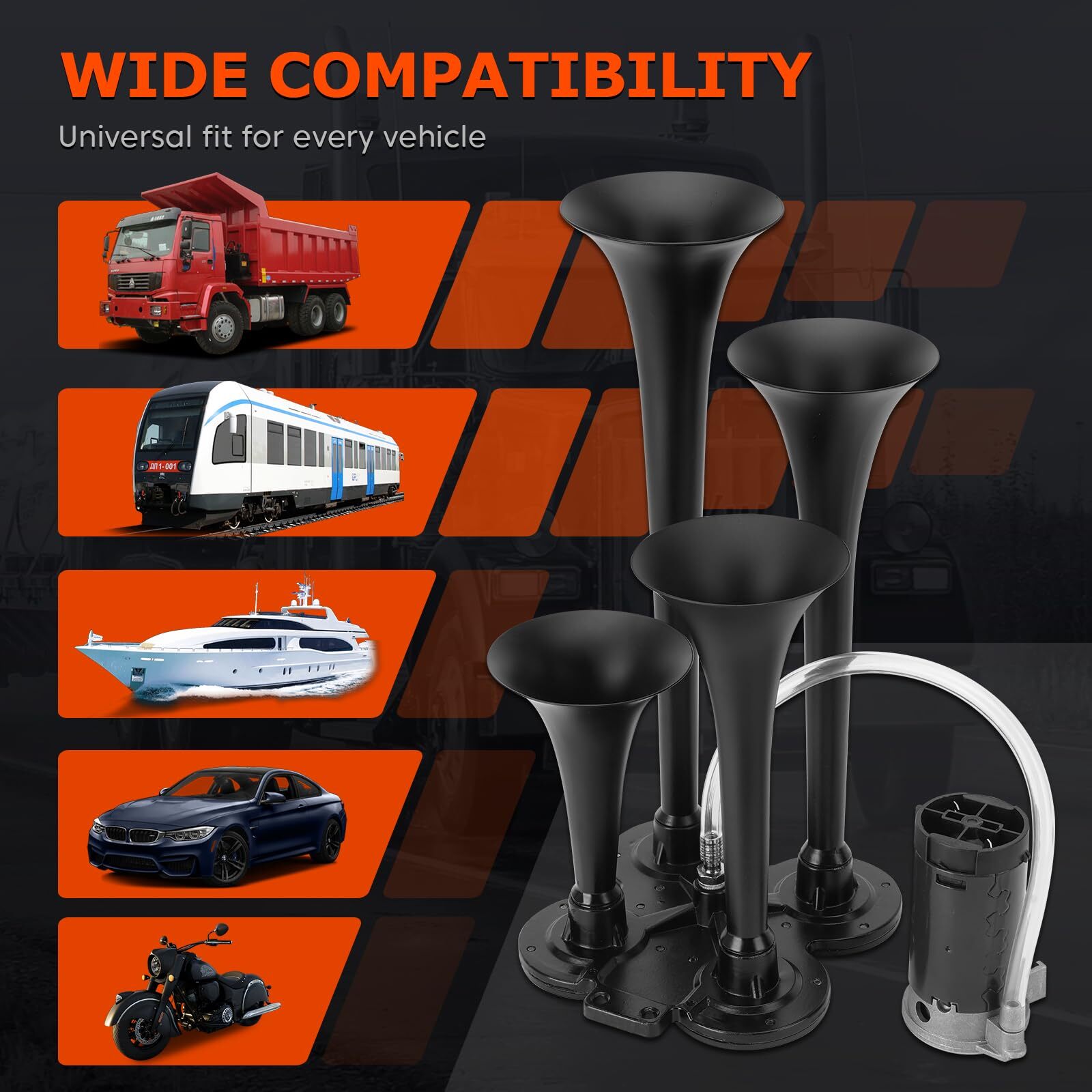 12V 185DB Loud Sound 4 Trumpet Black Train Air Horn Kit For Truck Pickup Car