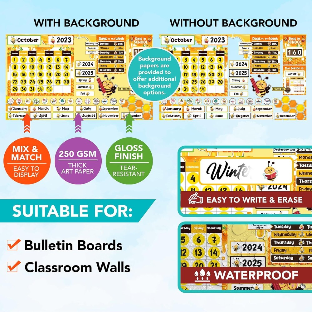 181 Pcs Classroom Calendar Numbers with Background Papers - Bee