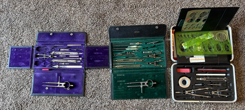 Vintage Drafting Tools Lot Triangles Templates Compass Slide Rule w/ Box