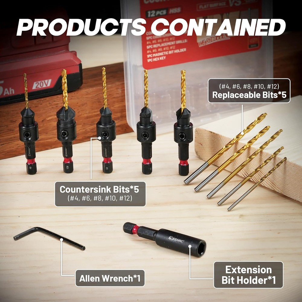 EZARC Countersink Drill Bit Set, 12 PCS Counter Sink Adjustable,...