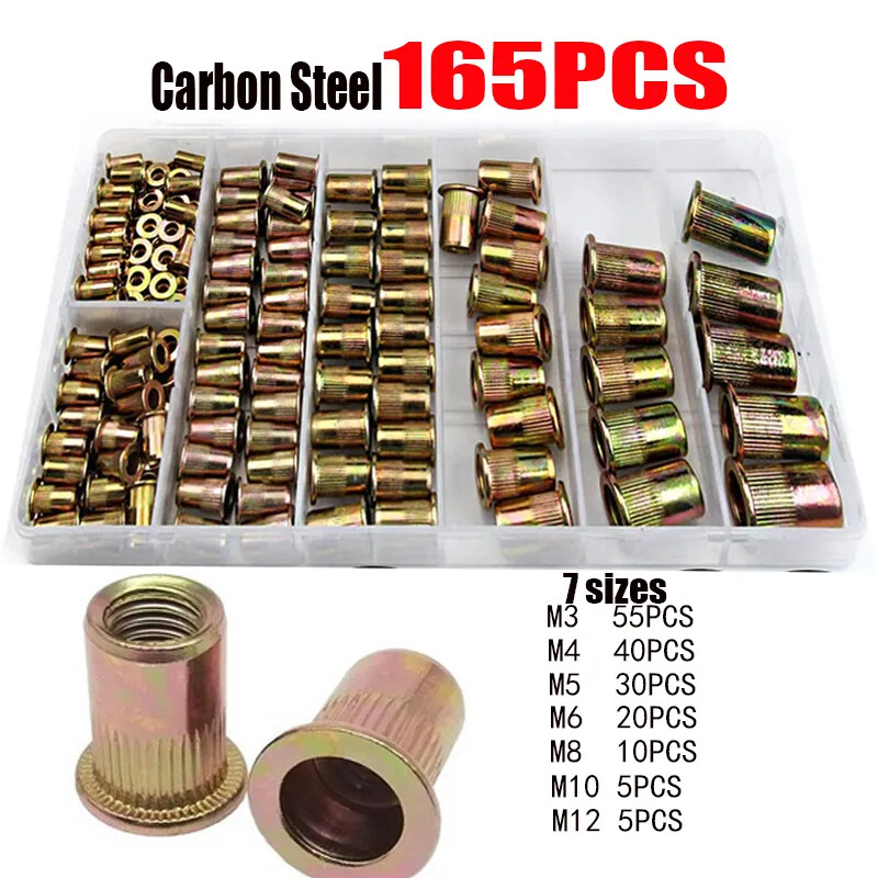210/165PC Box Rivet Nuts Carbon Steel Flat Head Rivet Nuts Set Insert Rivet Nuts