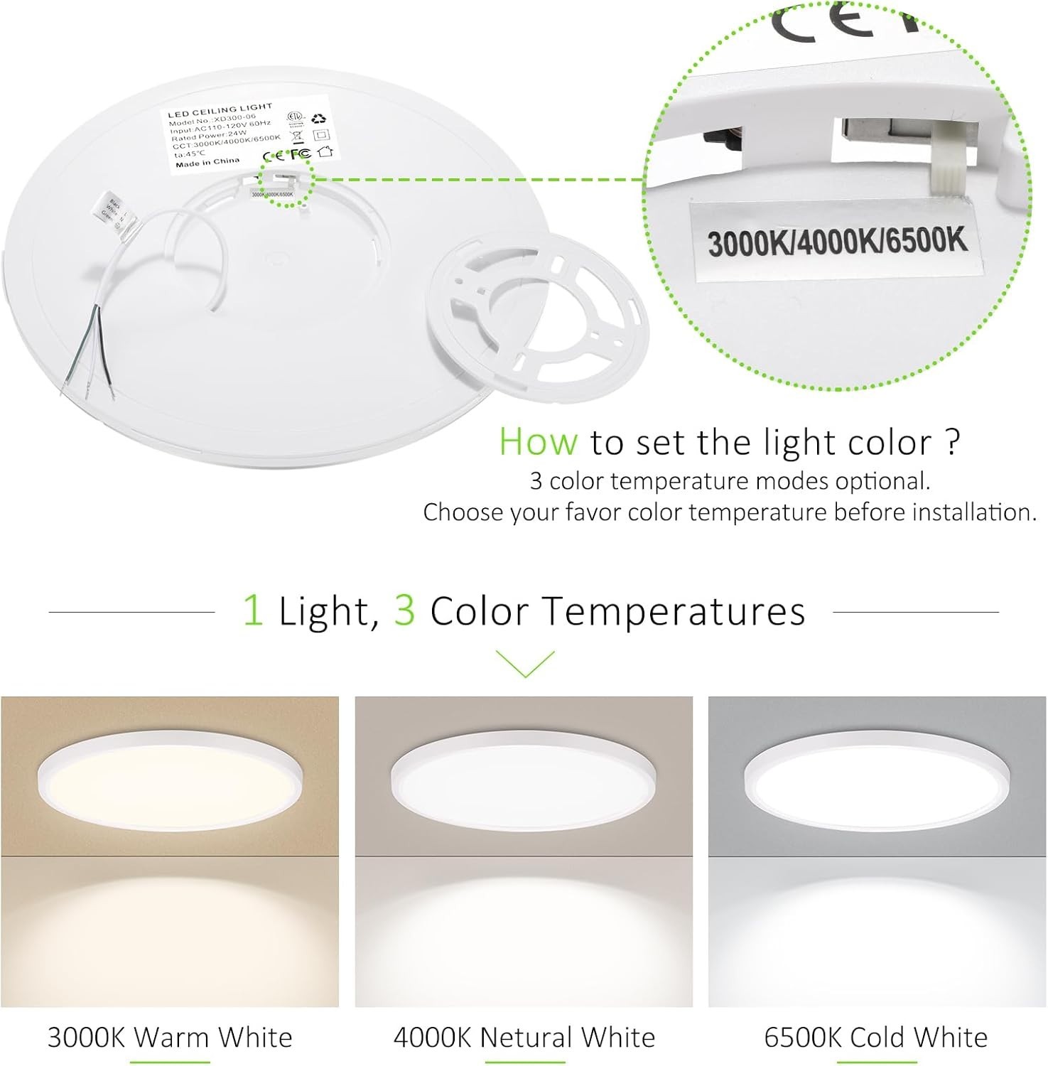 2Pack LED Flush Mount Ceiling Light 24W Ultra Thin Round White 3000k 4000k 6500k