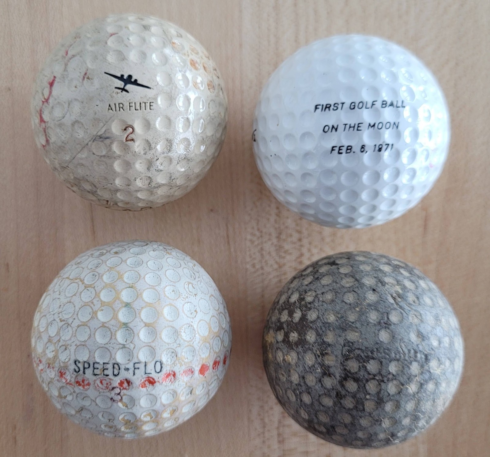 4 Antique Vintage Golf Balls Walter Hagen Speed Flo Moon Airplane Espinosa