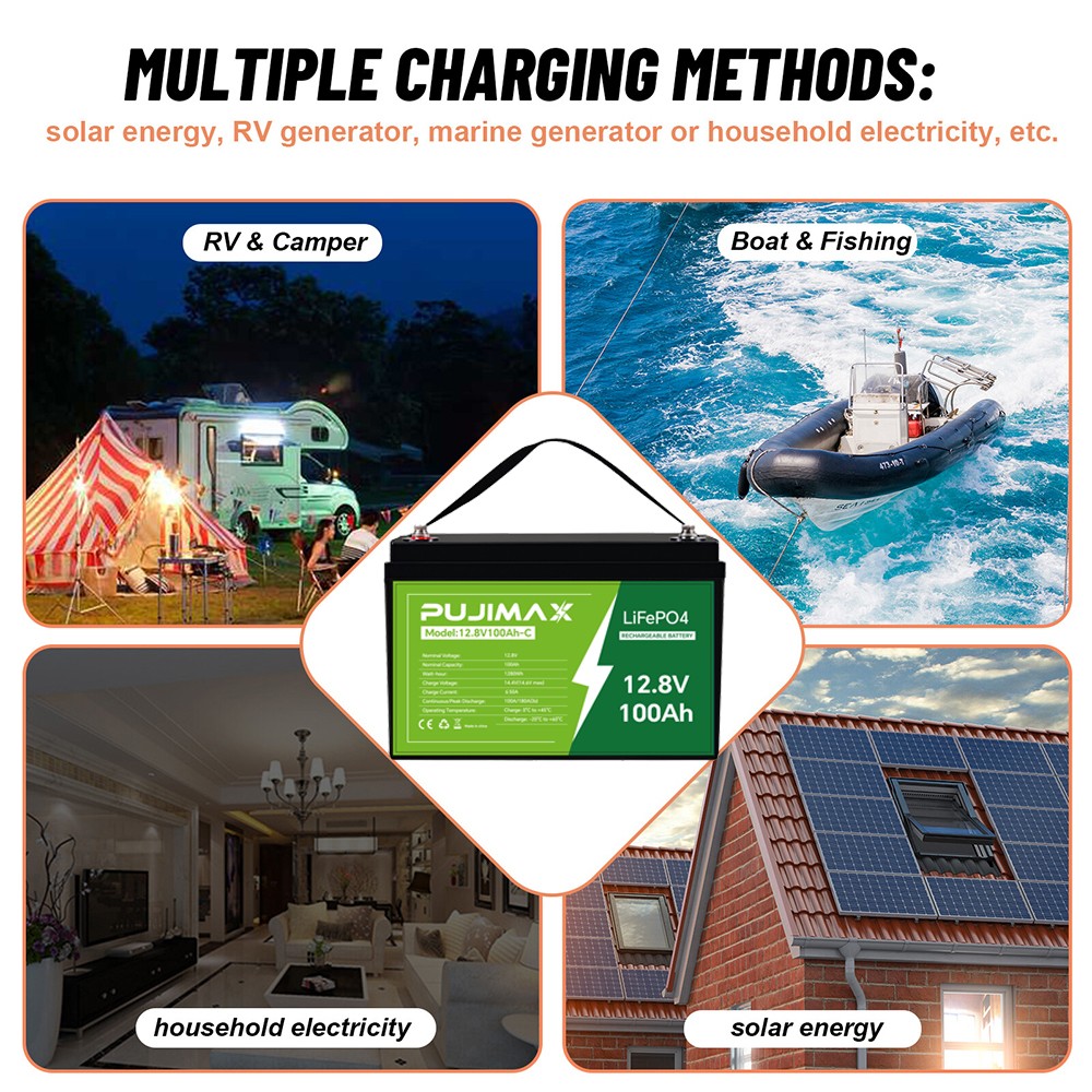 12V 100Ah LiFePO4 Lithium Battery Cycle Deep Built-in BMS for Solar RV Off-grid