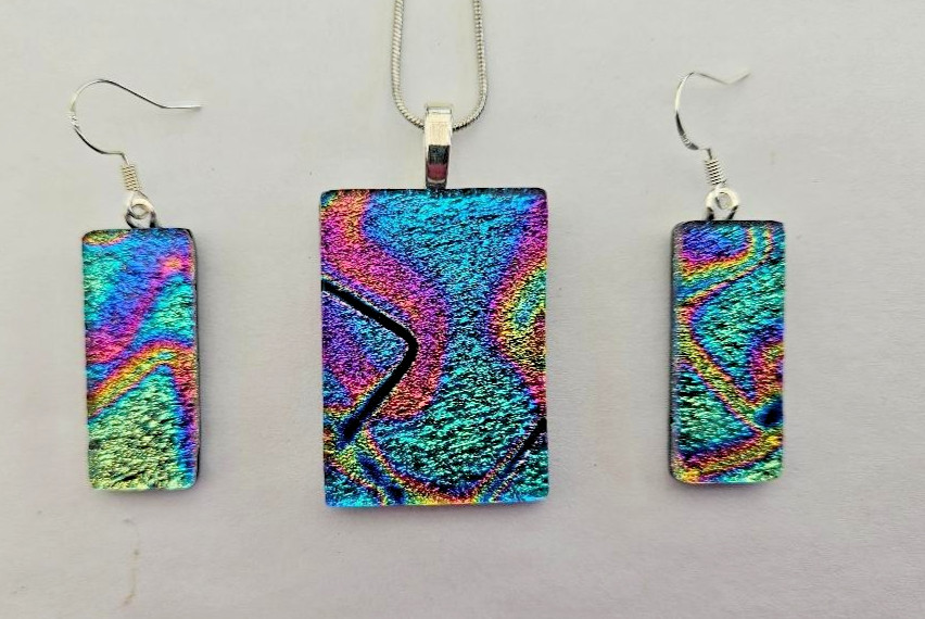 Handcrafted Fused Glass Colorful Dichroic Glass Pendant and Earring Set/New