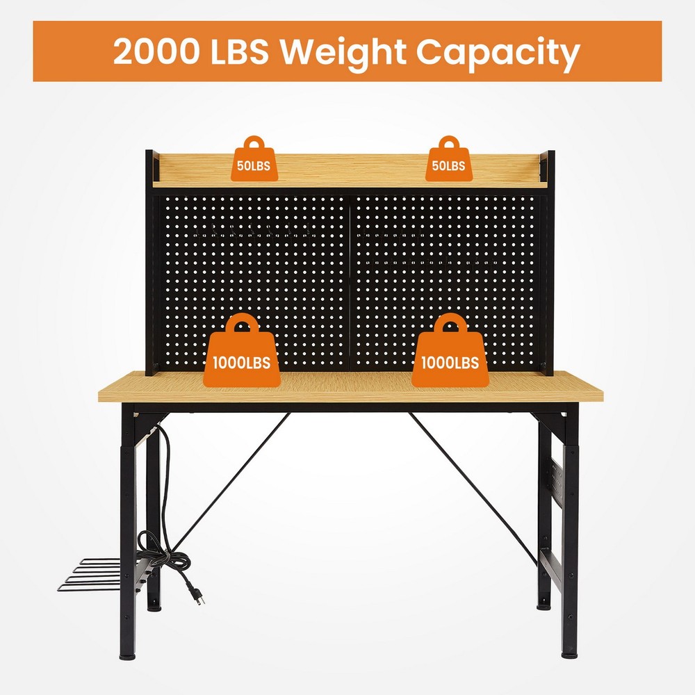2000LB W47" Adjustable Work Bench Table Pegboard AC/USB Outlets Mobile Workbench