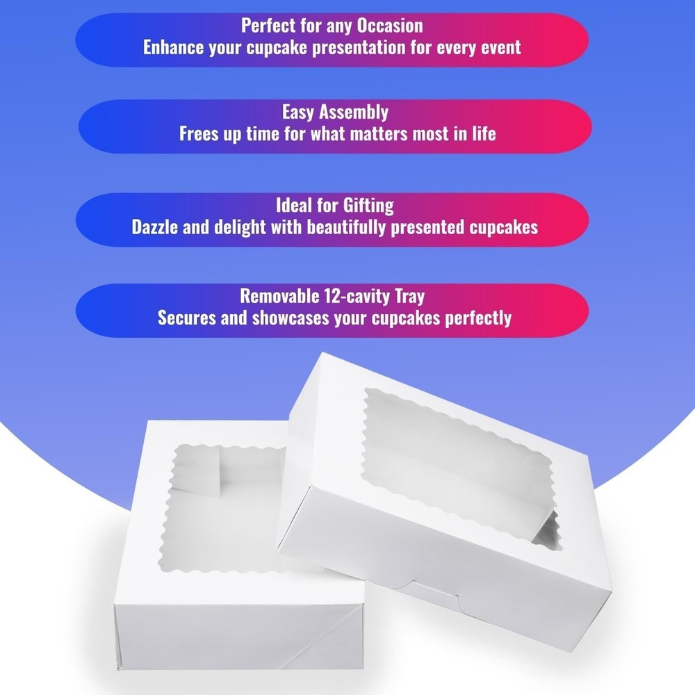 Pre-folded 12 count Cupcake Boxes, 6-Set Cupcake Container with Window Transp...