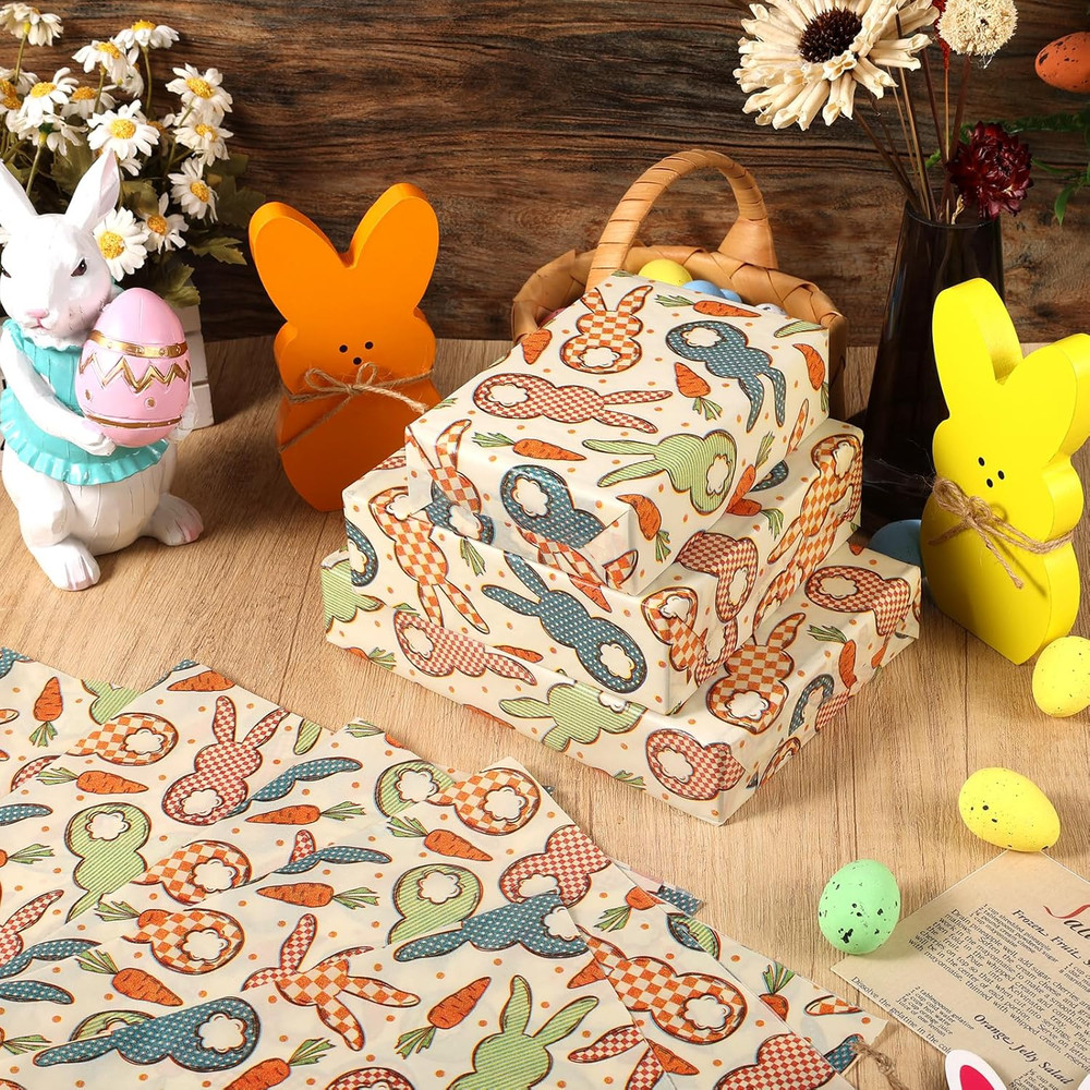 100 Sheets Easter Bunny Tissue Paper, Retro Cottage Core Bunny Carrot Gift Wrapp