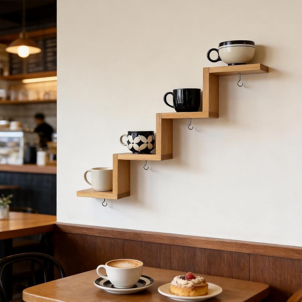 Coffee Cup Holder Wall Mounted Multi-Layer Mug Mount Rack W/ Hooks Hanger