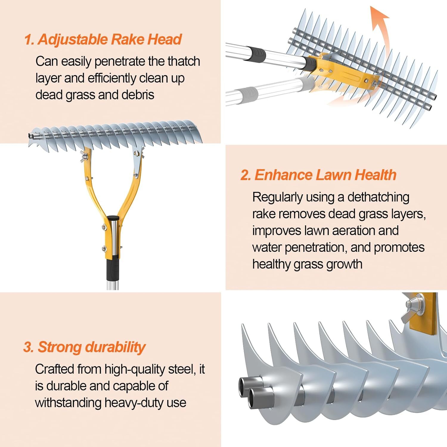 TOOVEM Thatch Rake Lawn Dethatcher Rake for Lawn Double-Sided Thatching Rake