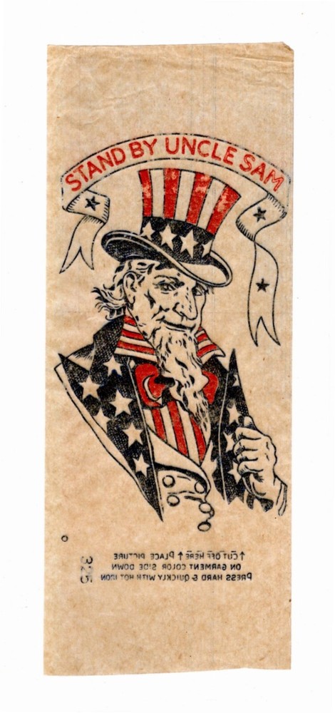 UNCLE SAM tissue transfer, decal STAND BY UNCLE SAM", ca1910s-40s