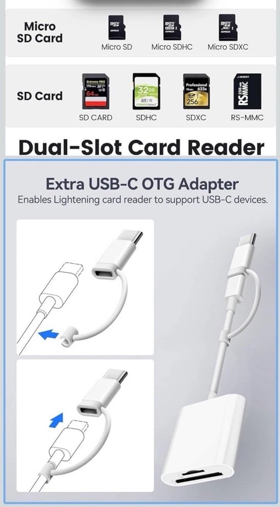 SD Card Reader for iPhone iPad USB-C Dual Connector Support SD / SD Card