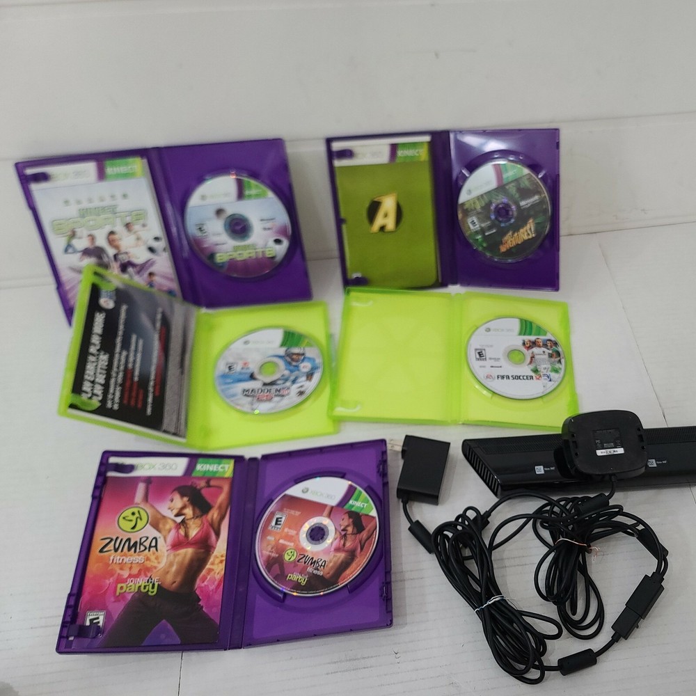 Microsoft 1414 Xbox 360 Kinect Sensor Bar + power cable Bundle + 5 Games TESTED