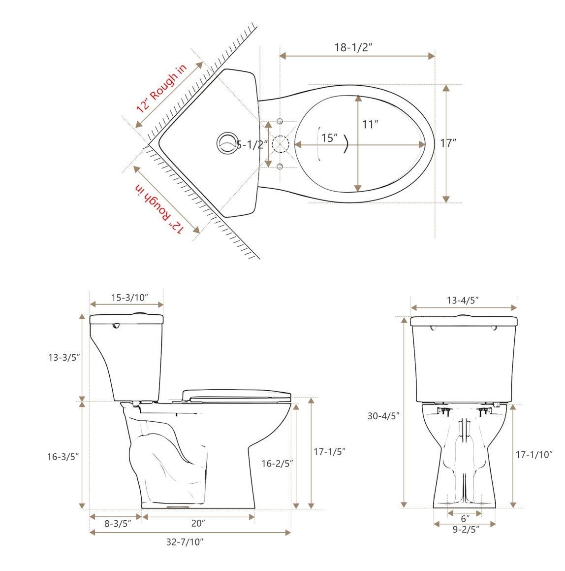17.2" Two-Piece Corner Toilet Dual Flush 0.8/1.28 GPF for Compact Bathroom