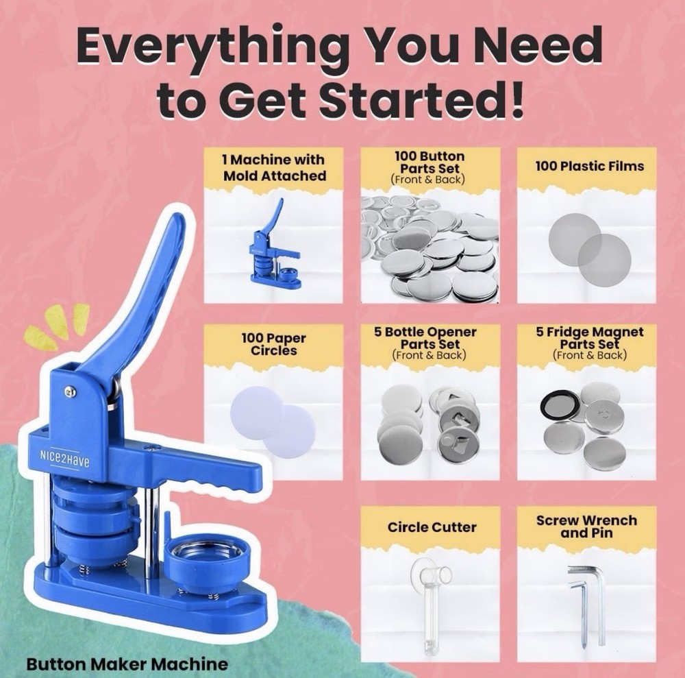 Button Maker Machine – 2.25 Inch (58mm) – Single Mold, Pin Maker Machine Kit wit