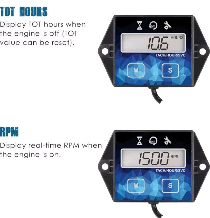 Small Engine Digital Tachometer Hour Meter Maintenance Reminder *No Manual*
