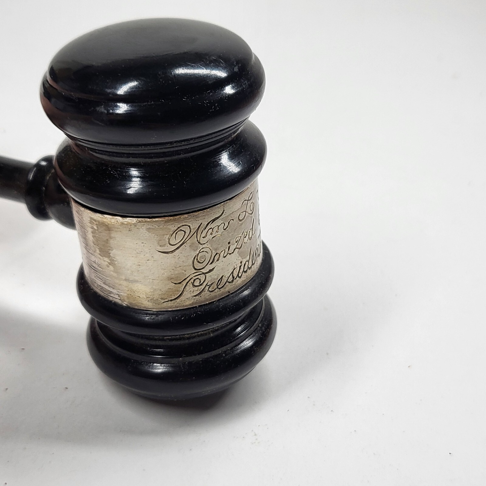 Ebony Wood Gavel w/Sterling Silver Band 10” Vintage 1946 Engraved Onized Club