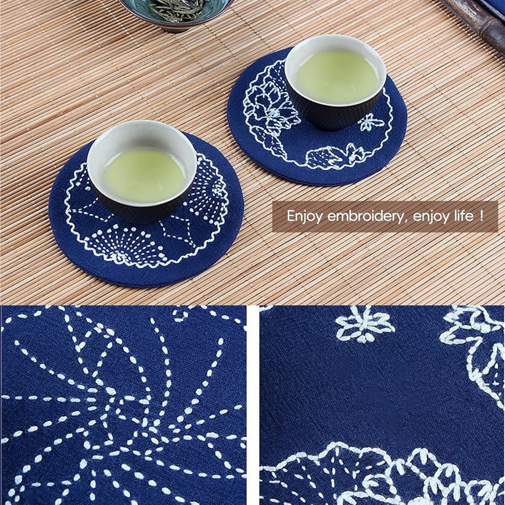 4 Set Sashiko Coasters DIY Kit with Pattern, Embroidery Medium, Navy blue