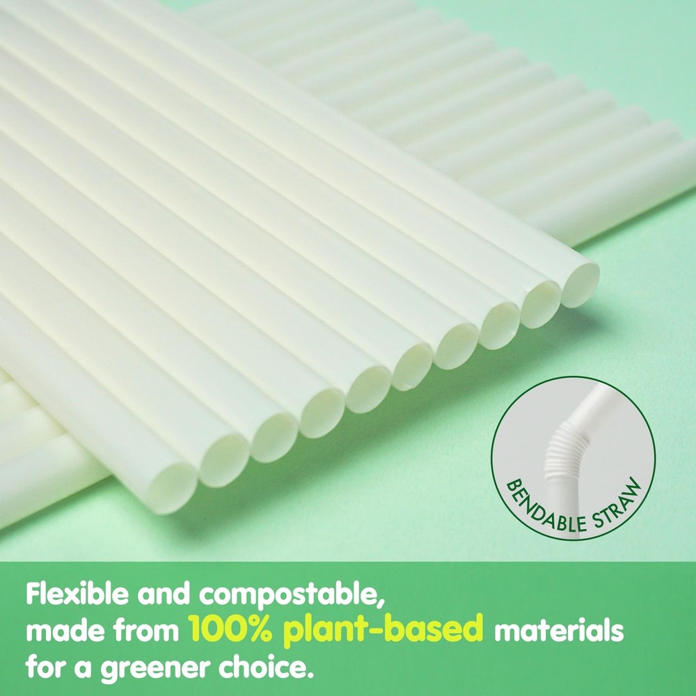 200 Count 8.25" x 0.28" Compostable Flexible Bendable PLA Straws(White) –