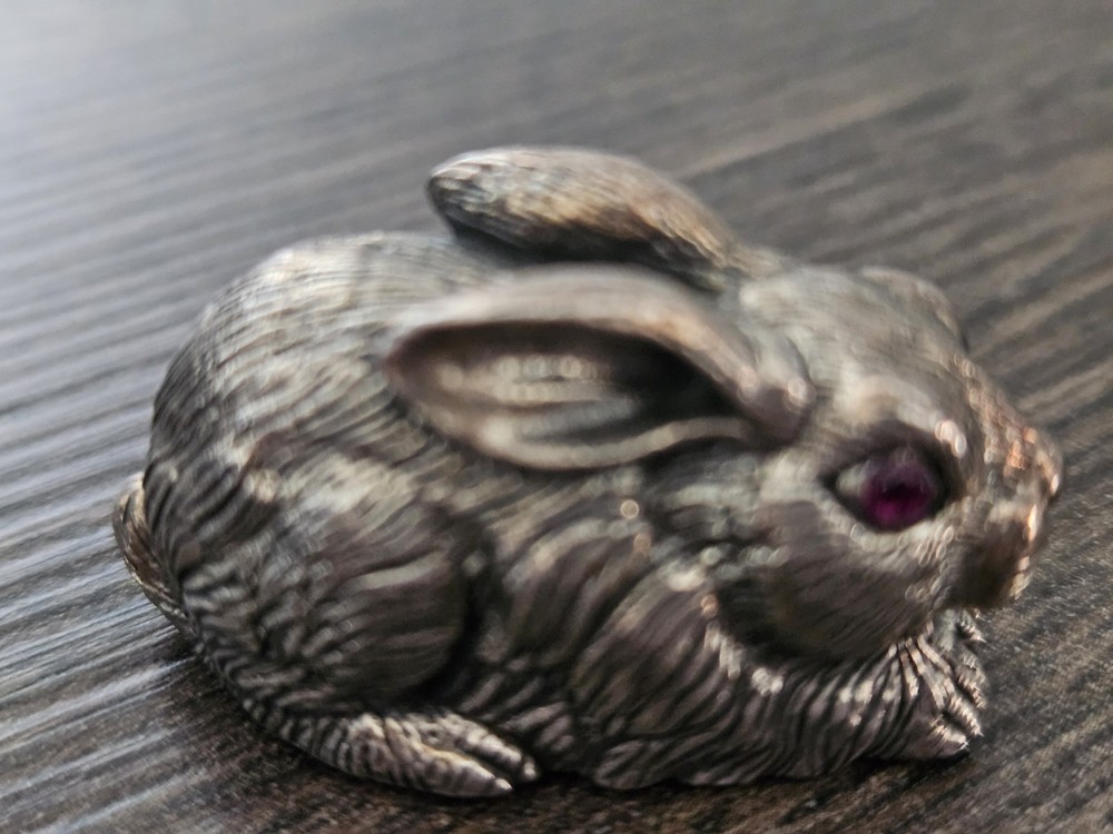 Sterling Silver Vintage Rabbit Ornament With Ruby Eyes