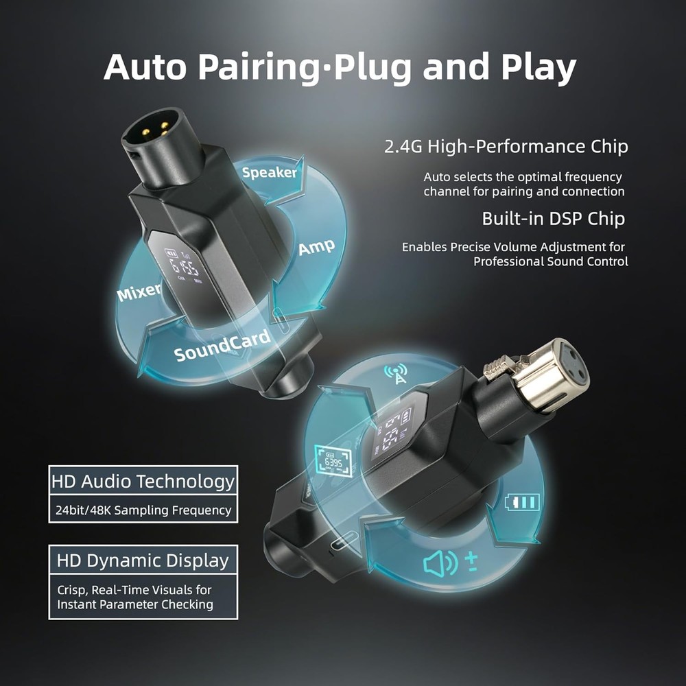 Transmitters Black Wireless XLR Microphone Transmitter Phantom Power 2.4G Auto