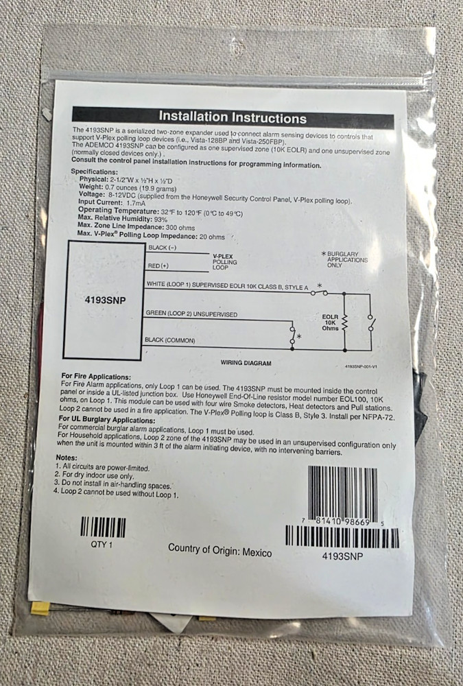 Honeywell / Resideo 4193SNP V-Plex Serialized Interface Module (SIM)