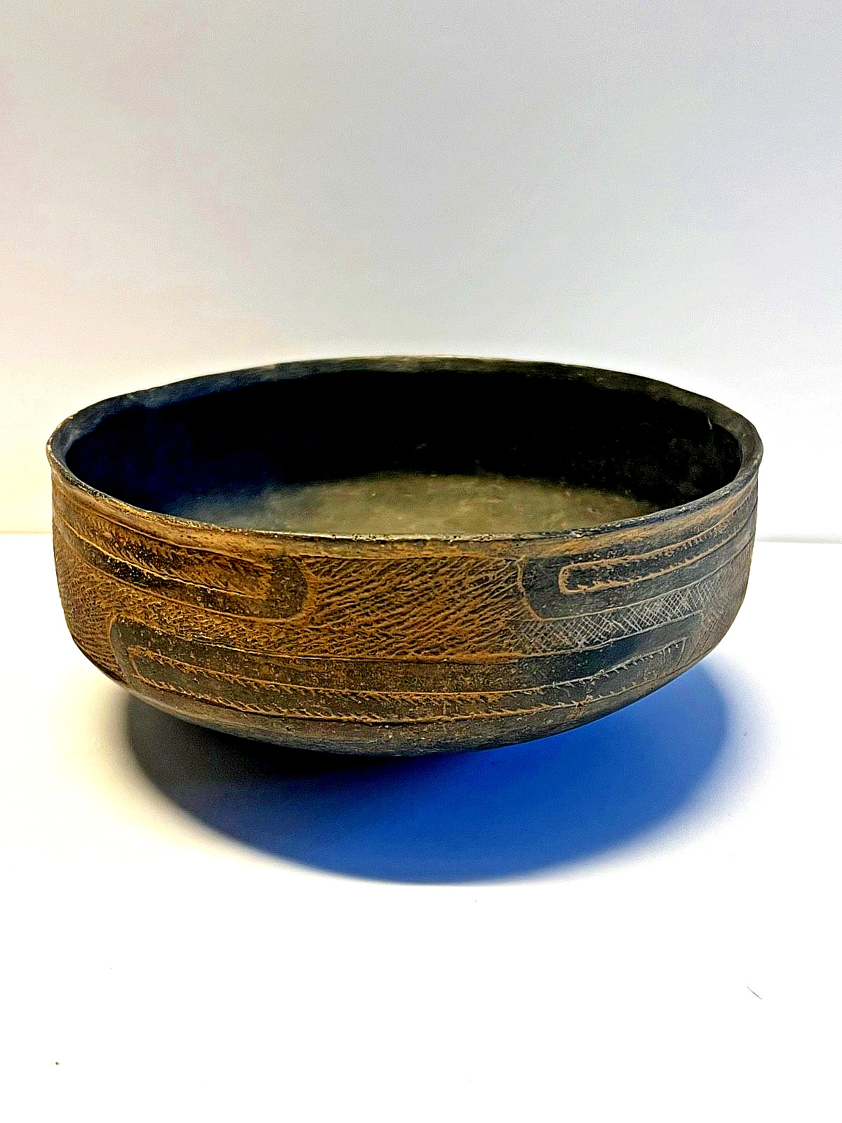 Antique Native American Indian Caddo Friendship Clay Pottery Bowl; Highly Etched