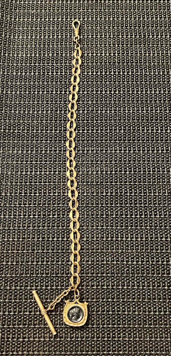 Antique E MFG CO Gold Filled Albert Pocket Watch Chain 12” Pendant FOB w/ T-Bar