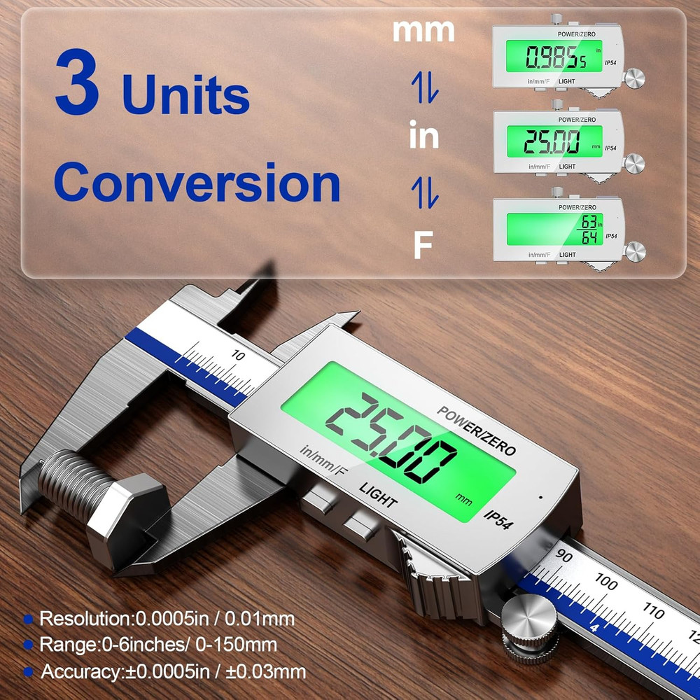 Backlight Digital Caliper, 6 Inch Rechargeable Electronic Micrometer with IP54 W
