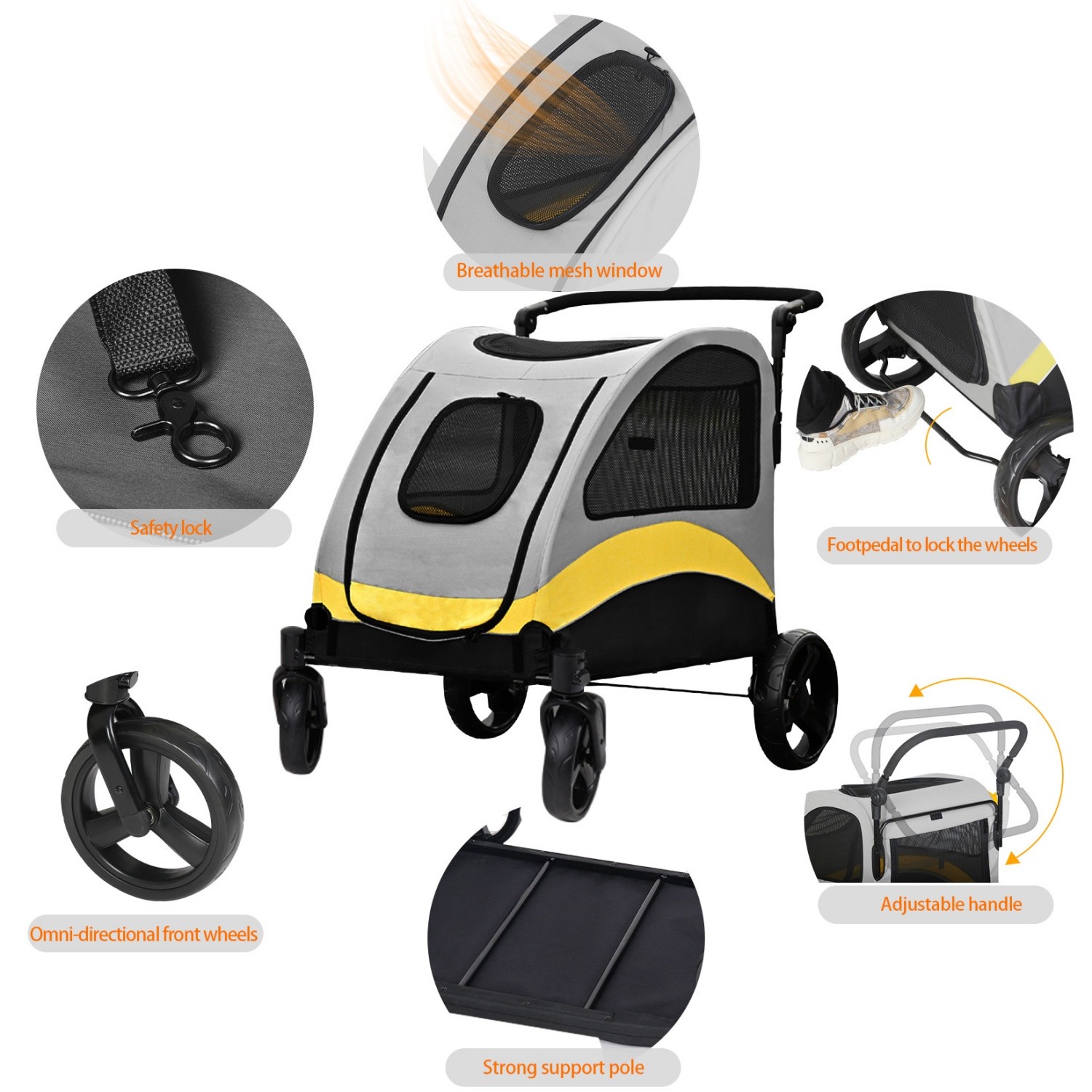 Foldable Large Pet Jogger Wagon Stroller with 4 Heavy Wheels Adjustable Handle